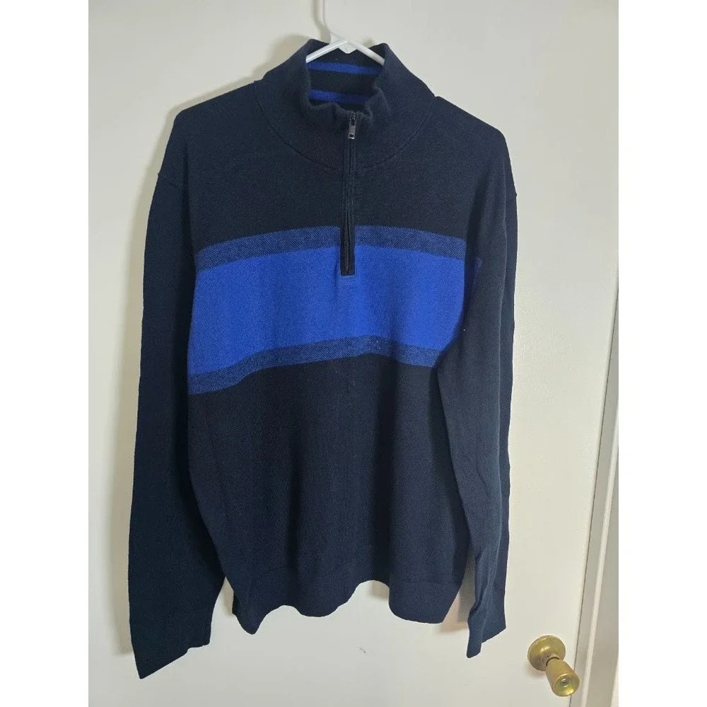 Banana Republic Men's XL 3/4 Zip Sweater Navy Blue Stripe | Long Sleeve Knit